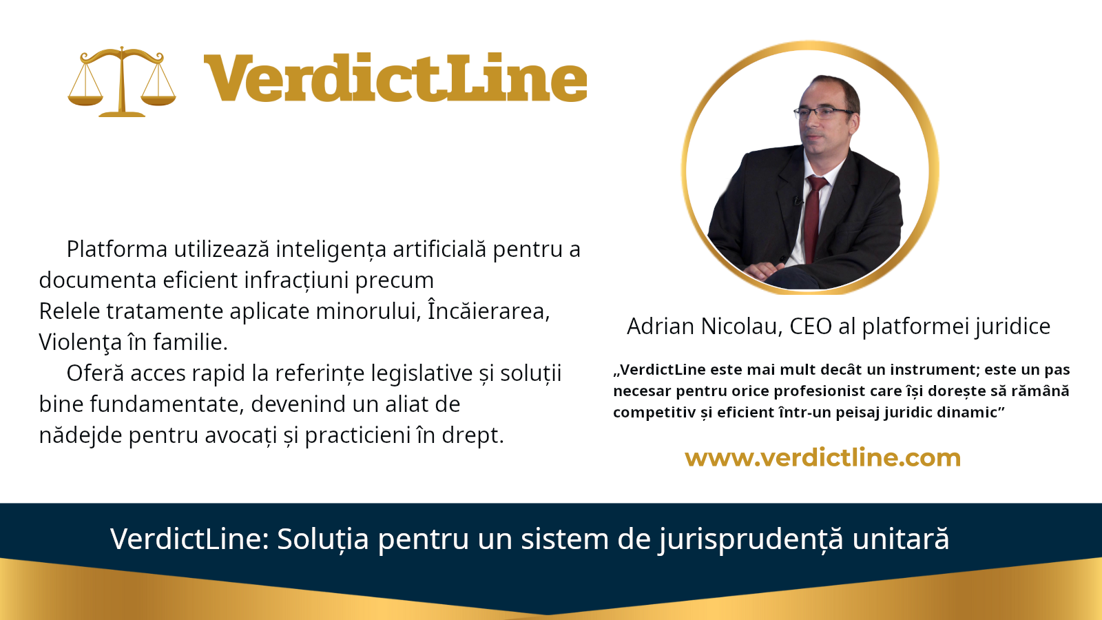 Adrian Nicolau, CEO al platformei juridice VerdictLine.com, prezintă soluții inovatoare pentru documentarea infracțiunilor precum Relele tratamente aplicate minorului, Încăierarea, și Violenţa în familie cu ajutorul inteligenței artificiale. VerdictLine.com oferă avocaților și practicienilor acces rapid la referințe legislative și jurisprudențiale, facilitând analiza detaliată a spețelor penale din România.