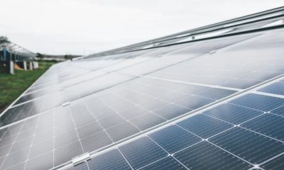 Detailed close-up shot of solar panels at an outdoor solar farm under clear sky.